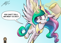 Size: 2046x1447 | Tagged: dead source, safe, artist:lovelyneckbeard, princess celestia, alicorn, human, g4, day, female, frown, ice cream, looking back, magic, mare, nicole oliver, running, telekinesis, voice actor joke