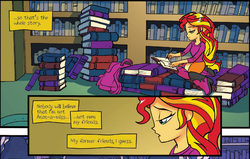 Size: 1121x713 | Tagged: safe, idw, official comic, sunset shimmer, equestria girls, g4, my little pony: equestria girls holiday special, spoiler:comic, book, idw advertisement, journey book, solo