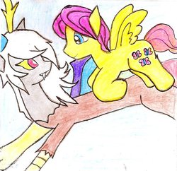 Size: 908x879 | Tagged: safe, artist:fanshipping713, discord, fluttershy, g4, butterscotch, eris, female, male, rule 63, ship:discoshy, ship:eriscotch, shipping, straight, traditional art