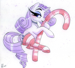 Size: 907x826 | Tagged: safe, artist:prettypinkpony, rarity, pony, unicorn, g4, blushing, butt, candy cane, clothes, female, impossibly long eyelashes, long eyelashes, looking at you, mare, necklace, pearl, plot, socks, solo, striped socks, traditional art, watercolor painting