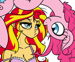 Size: 600x500 | Tagged: dead source, safe, artist:reiduran, pinkie pie, sunset shimmer, human, g4, bags under eyes, bra, breasts, cleavage, clothes, female, frilly underwear, frown, humanized, lingerie, pink underwear, smiling, tired, unamused, underwear
