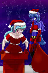 Size: 1200x1800 | Tagged: safe, artist:skecchiart, princess celestia, princess luna, anthro, g4, bandeau, belly button, blushing, boots, chimney, christmas is cancelled, clothes, cracking up, evening gloves, hat, laughing, midriff, santa costume, santa hat, skirt, snow, stuck