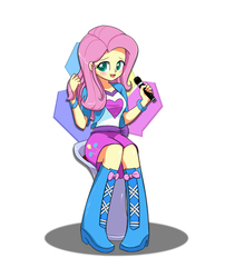 Size: 1200x1487 | Tagged: safe, artist:twilite-sparkleplz, fluttershy, pinkie pie, equestria girls, g4, magical mystery cure, balloon, boots, bracelet, clothes, clothes swap, equestria girls interpretation, female, high heel boots, jewelry, microphone, pinkie pie's boots, scene interpretation, sitting, skirt, solo, swapped cutie marks