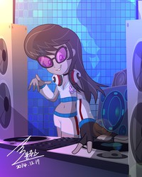 Size: 1300x1625 | Tagged: safe, artist:bluse, octavia melody, equestria girls, g4, accessory swap, alternate universe, belly button, disc jockey, dj octavia, female, headphones, korean, midriff, rocktavia, role reversal, show accurate, solo, sunglasses, turntable