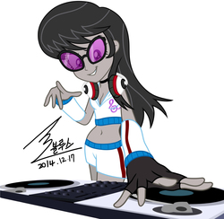 Size: 2264x2208 | Tagged: safe, artist:bluse, octavia melody, equestria girls, g4, background removed, belly button, disc jockey, dj octavia, female, headphones, high res, korean, midriff, role reversal, show accurate, signature, simple background, solo, sunglasses, turntable, white background