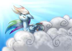 Size: 1024x723 | Tagged: safe, artist:futojijama, rainbow dash, g4, cloud, female, solo