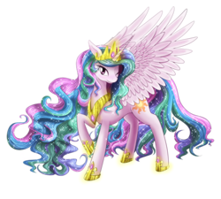 Size: 2000x1800 | Tagged: safe, artist:phoenixperegrine, princess celestia, alicorn, pony, g4, chest fluff, female, jewelry, looking at you, mare, pinklestia, pixiv, raised hoof, regalia, simple background, smiling, solo, spread wings, transparent background, wink
