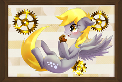 Size: 2003x1337 | Tagged: safe, artist:hosikawa, derpy hooves, pegasus, pony, g4, female, gears, mare, muffin, pixiv, solo
