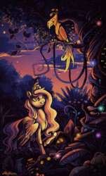 Size: 1396x2318 | Tagged: dead source, safe, artist:matrosha123, philomena, princess celestia, alicorn, firefly (insect), millipede, mouse, phoenix, pony, rat, cloud, cloudy, cute, cutelestia, eyes in the dark, featured image, female, forest, grin, limited palette, looking up, mushroom, oak tree, pink-mane celestia, raised hoof, scenery, signature, smiling, spread wings, sunset, tree, twilight (astronomy), younger