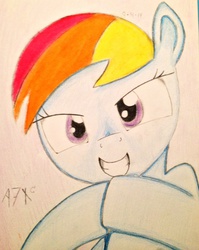 Size: 1624x2044 | Tagged: safe, artist:a7xcaramel, rainbow dash, g4, female, grin, simple background, solo, traditional art