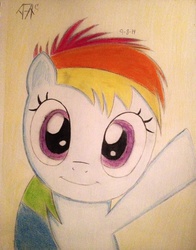 Size: 1606x2046 | Tagged: safe, artist:a7xcaramel, rainbow dash, g4, female, filly, filly rainbow dash, simple background, solo, traditional art, waving, younger
