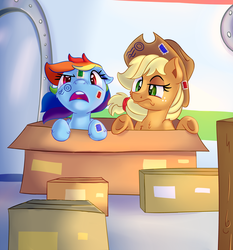 Size: 2325x2500 | Tagged: safe, artist:discorded, applejack, rainbow dash, earth pony, pegasus, pony, g4, box, cardboard box, duo, female, frown, high res, literal shipping, mare, newbie artist training grounds, pun, raised eyebrow, shrug, stamp