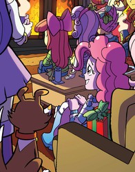 Size: 644x823 | Tagged: safe, idw, official comic, apple bloom, fluttershy, pinkie pie, rarity, scootaloo, sunset shimmer, sweetie belle, winona, equestria girls, g4, my little pony: equestria girls holiday special, spoiler:comic, boots, chocolate, fireplace, food, high heel boots, holly, hot chocolate, present