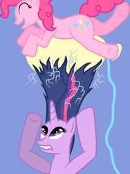 Size: 768x1024 | Tagged: safe, artist:leafgrowth, pinkie pie, twilight sparkle, g4, balloon, eyes closed, static electricity, that pony sure does love balloons