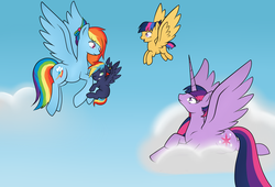 Size: 2800x1900 | Tagged: safe, artist:mutant-girl013, rainbow dash, twilight sparkle, oc, oc:prism bolt, oc:starburst, alicorn, pony, kilalaverse, g4, alternate hairstyle, female, flying, leg hug, like mother like daughter, like mother like son, like parent like child, mare, mother and daughter, mother and son, offspring, older, parent:flash sentry, parent:rainbow dash, parent:soarin', parent:twilight sparkle, parents:flashlight, parents:soarindash, twilight sparkle (alicorn)