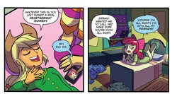 Size: 1017x543 | Tagged: safe, idw, official comic, apple bloom, applejack, sunset shimmer, equestria girls, g4, my little pony: equestria girls holiday special, spoiler:comic, clothes, idw advertisement, pajamas, slippers