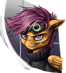 Size: 700x772 | Tagged: safe, artist:aphexangel, scootaloo, g4, earpiece, female, grin, night vision goggles, solo, stalkerloo
