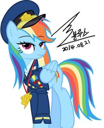 Size: 900x1103 | Tagged: safe, artist:bluse, rainbow dash, pegasus, pony, g4, background removed, backwards cutie mark, clothes, cute, dashabetes, female, long mane, necktie, sexy, show accurate, signature, simple background, solo, spitfire's tie, uniform, white background, wonderbolts dress uniform, wonderbolts uniform
