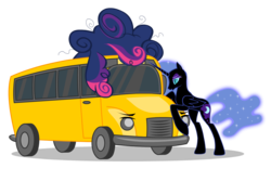 Size: 1500x1000 | Tagged: safe, artist:mixermike622, nightmare moon, twilight sparkle, g4, bedroom eyes, bus, cargo ship, hug, messy mane, missing accessory, open mouth, shipping, simple background, smiling, transparent background, vector, wat