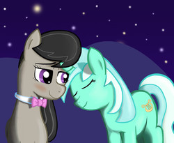 Size: 974x800 | Tagged: safe, artist:theumbrellaboy, lyra heartstrings, octavia melody, earth pony, pony, unicorn, g4, eyes closed, female, lesbian, night, octyra, shipping, stars