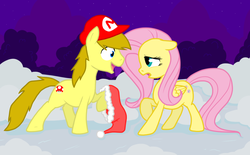 Size: 952x592 | Tagged: safe, artist:nukeleer, fluttershy, oc, pony, g4, duo