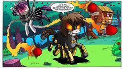 Size: 596x336 | Tagged: safe, comic, flying, grin, mecha maid, missile, ponified, running, smiling, spinnerette, webcomic