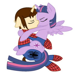 Size: 850x850 | Tagged: safe, artist:peternators, twilight sparkle, alicorn, pony, g4, crossover, crossover shipping, female, kissing, male, mare, peter parker, request, requested art, shipping, spider-man, spidertwi, straight, twilight sparkle (alicorn)