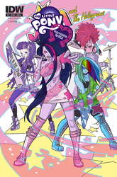 Size: 1054x1600 | Tagged: safe, artist:sophie campbell, edit, idw, pinkie pie, rainbow dash, rarity, twilight sparkle, equestria girls, g4, my little pony equestria girls: rainbow rocks, belly button, comic cover, crossover, drums, guitar, hair over one eye, jem, jem and the holograms, keytar, midriff, musical instrument, parody