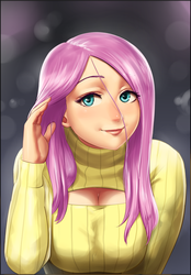 Size: 1000x1436 | Tagged: safe, artist:lvl, fluttershy, human, g4, 2014, boob window, breasts, busty fluttershy, cleavage, clothes, female, humanized, keyhole turtleneck, looking at you, open-chest sweater, smiling, smiling at you, solo, sweater, sweatershy, turtleneck