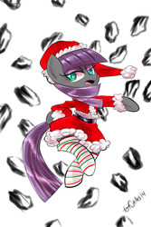 Size: 1200x1800 | Tagged: safe, artist:tofutiles, maud pie, g4, christmas, clothes, coal, cute, female, hat, looking at you, open mouth, santa costume, santa hat, socks, solo, stockings, striped socks, thigh highs