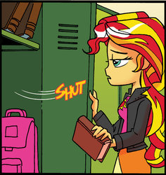 Size: 875x925 | Tagged: safe, idw, official comic, sunset shimmer, equestria girls, g4, spoiler:comic, spoiler:comicholiday2014, lockers, motion error, panel, solo