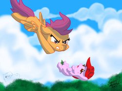 Size: 1024x768 | Tagged: safe, artist:emr0304, scootaloo, oc, oc:rose blossom, g4, danger, determined, falling, rescue