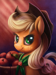 Size: 900x1200 | Tagged: safe, artist:tsitra360, applejack, g4, the best night ever, female, looking at you, portrait, smiling, solo, three quarter view