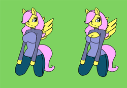 Size: 560x390 | Tagged: safe, fluttershy, anthro, g4, boob window, clothes, keyhole turtleneck, open-chest sweater, sweater, sweatershy, turtleneck, wip
