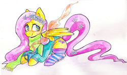 Size: 3487x2065 | Tagged: safe, artist:corelle-vairel, fluttershy, g4, clothes, female, high res, socks, solo, striped socks, traditional art