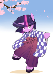Size: 2480x3507 | Tagged: safe, artist:siagia, twilight sparkle, semi-anthro, g4, arm hooves, cherry blossoms, clothes, female, high res, solo, taisho