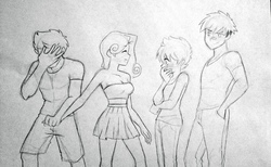 Size: 2494x1534 | Tagged: safe, artist:kianamai, oc, oc only, oc:amber lily, oc:hot head, oc:prism bolt, oc:whirlwind, human, kilalaverse, embarrassed, humanized, humanized oc, monochrome, next generation, offspring, parent:cloudchaser, parent:oc:candle wick, parent:oc:flashpoint, parent:oc:herb, parent:oc:isis quartz, parent:rainbow dash, parent:soarin', parent:thunderlane, parents:oc x oc, parents:soarindash, parents:thunderchaser, pencil drawing, story included, traditional art