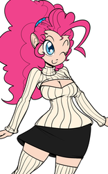 Size: 750x1200 | Tagged: dead source, safe, artist:reiduran, pinkie pie, human, g4, boob window, breasts, cleavage, clothes, cute, cutie mark eyes, diapinkes, female, humanized, keyhole turtleneck, open-chest sweater, shirt, solo, sweater, turtleneck, wingding eyes, wink