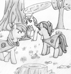 Size: 1600x1669 | Tagged: safe, artist:jerrykun, apple bloom, scootaloo, sweetie belle, g4, cutie mark crusaders, monochrome, strategically covered, traditional art