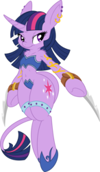 Size: 3400x5822 | Tagged: safe, artist:ambassad0r, artist:dfectivedvice, twilight sparkle, classical unicorn, semi-anthro, g4, absurd resolution, arm hooves, belly button, female, horn, leonine tail, mare, midriff, simple background, solo, transparent background, vector, weapon