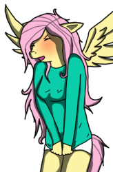 Size: 1248x1897 | Tagged: safe, artist:flyingbrickanimation, artist:raakshii, color edit, edit, fluttershy, pegasus, anthro, g4, adorasexy, blushing, boyshorts, breasts, clothes, colored, covering, cute, embarrassed, embarrassed underwear exposure, female, panties, sexy, shirt pull, solo, underwear, white underwear