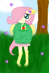 Size: 800x1200 | Tagged: safe, artist:takemybleedingheart, fluttershy, human, g4, clothes, female, humanized, juice box, solo, sweatershy, younger