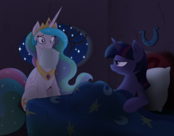 Size: 10800x8471 | Tagged: safe, artist:joey darkmeat, artist:krazy3, princess celestia, twilight sparkle, alicorn, pony, unicorn, g4, absurd resolution, bed, cute, cutelestia, female, frown, lesbian, mare, mouth hold, nom, pillow, ship:twilestia, shipping, sitting, smiling, unamused