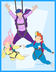 Size: 814x1047 | Tagged: safe, artist:wom-bat, fluttershy, rainbow dash, twilight sparkle, human, g4, air ponyville, clothes, humanized, jumpsuit, parachute, parachuting, skydiving