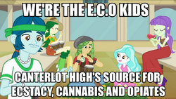 Size: 976x550 | Tagged: safe, screencap, captain planet, paisley, sandalwood, starlight, sweet leaf, equestria girls, g4, my little pony equestria girls, background human, drugs, eco kid insults, image macro, meme