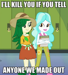 Size: 589x650 | Tagged: safe, edit, edited screencap, screencap, paisley, sweet leaf, equestria girls, g4, my little pony equestria girls, background human, caption, death threat, female, image macro, lesbian, meme, threat