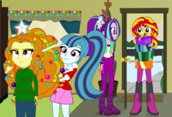 Size: 1024x702 | Tagged: dead source, safe, artist:mit-boy, adagio dazzle, aria blaze, sonata dusk, sunset shimmer, equestria girls, g4, antlers, christmas, christmas lights, christmas ornament, christmas treedagio, clothes, costume, cute, new year, present, snow, the dazzlings, winter