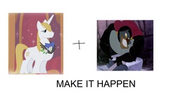 Size: 1784x965 | Tagged: safe, prince blueblood, bird, emperor penguin, penguin, pony, unicorn, anthro, g4, anatomically incorrect, anthro with ponies, don bluth, drake (the pebble and the penguin), exploitable meme, make it happen, meme, op is a duck, the pebble and the penguin