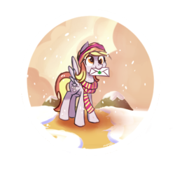Size: 1024x1024 | Tagged: safe, artist:mapony240, derpy hooves, pegasus, pony, g4, clothes, female, letter, mare, mouth hold, scarf, snow, snowfall, solo, winter