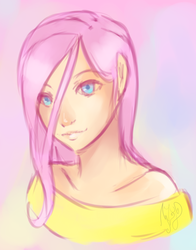 Size: 2691x3426 | Tagged: safe, artist:mezy-peach, fluttershy, human, g4, clothes, female, high res, humanized, off shoulder, portrait, solo